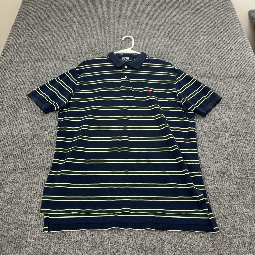 Polo Ralph Lauren Polo Shirt Mens L Navy Blue Cotton Striped Classic Preppy